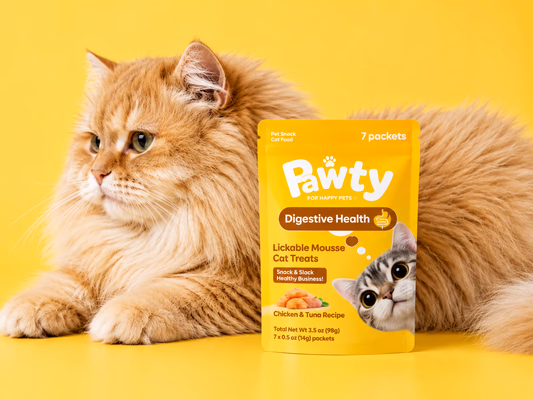 Long-haired ginger cat lying next to a Pawty pouch