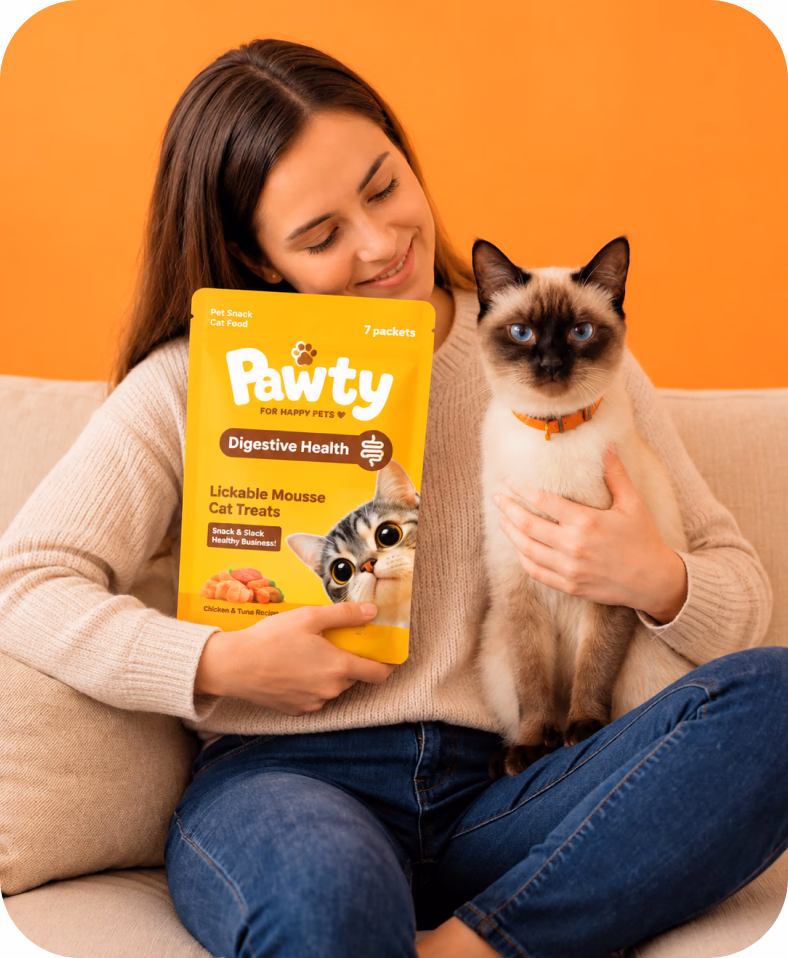 Woman hugging a Siamese cat and holding a Pawty pouch