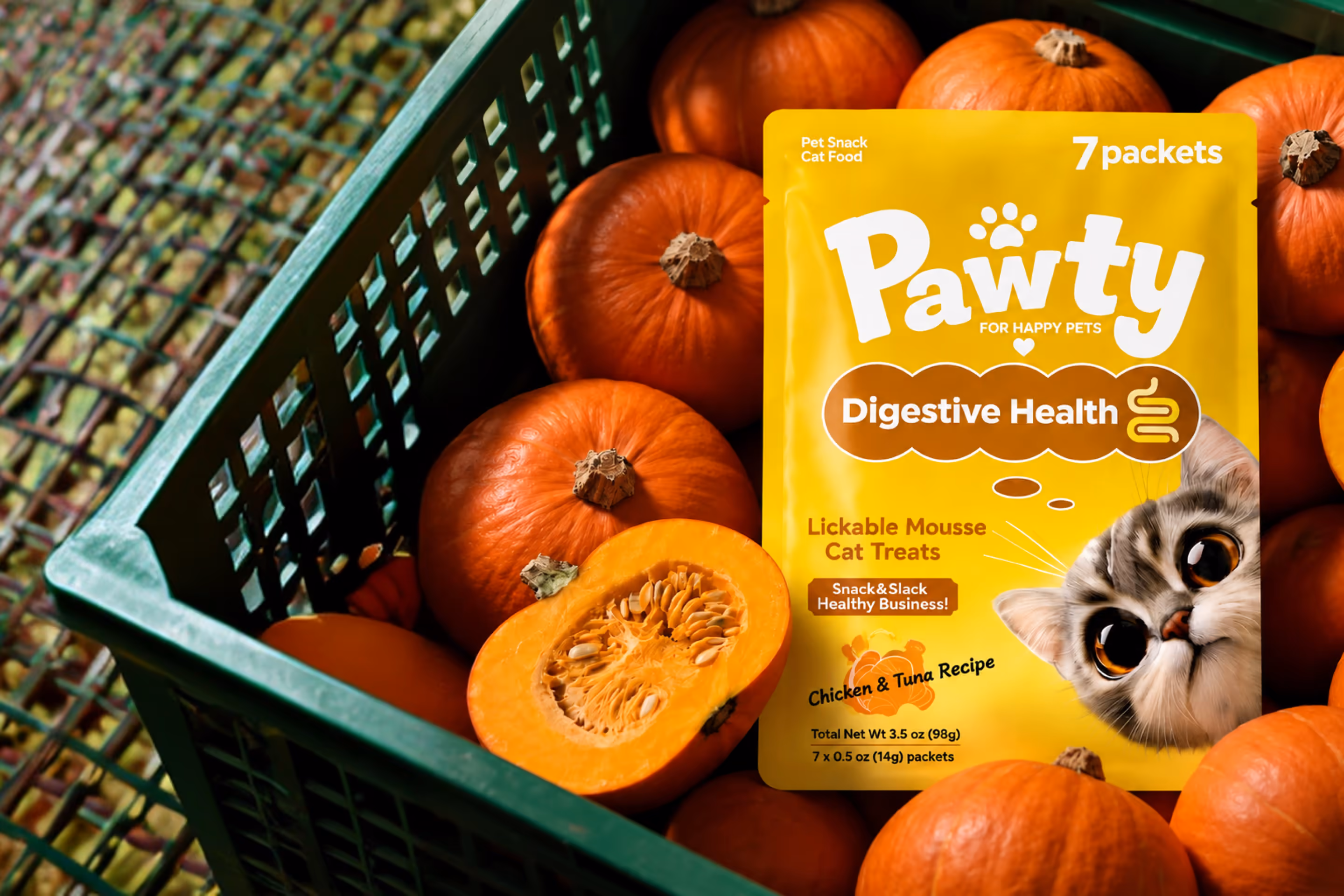 Pawty Digestive Health cat treats pouch resting on a pile of pumpkins